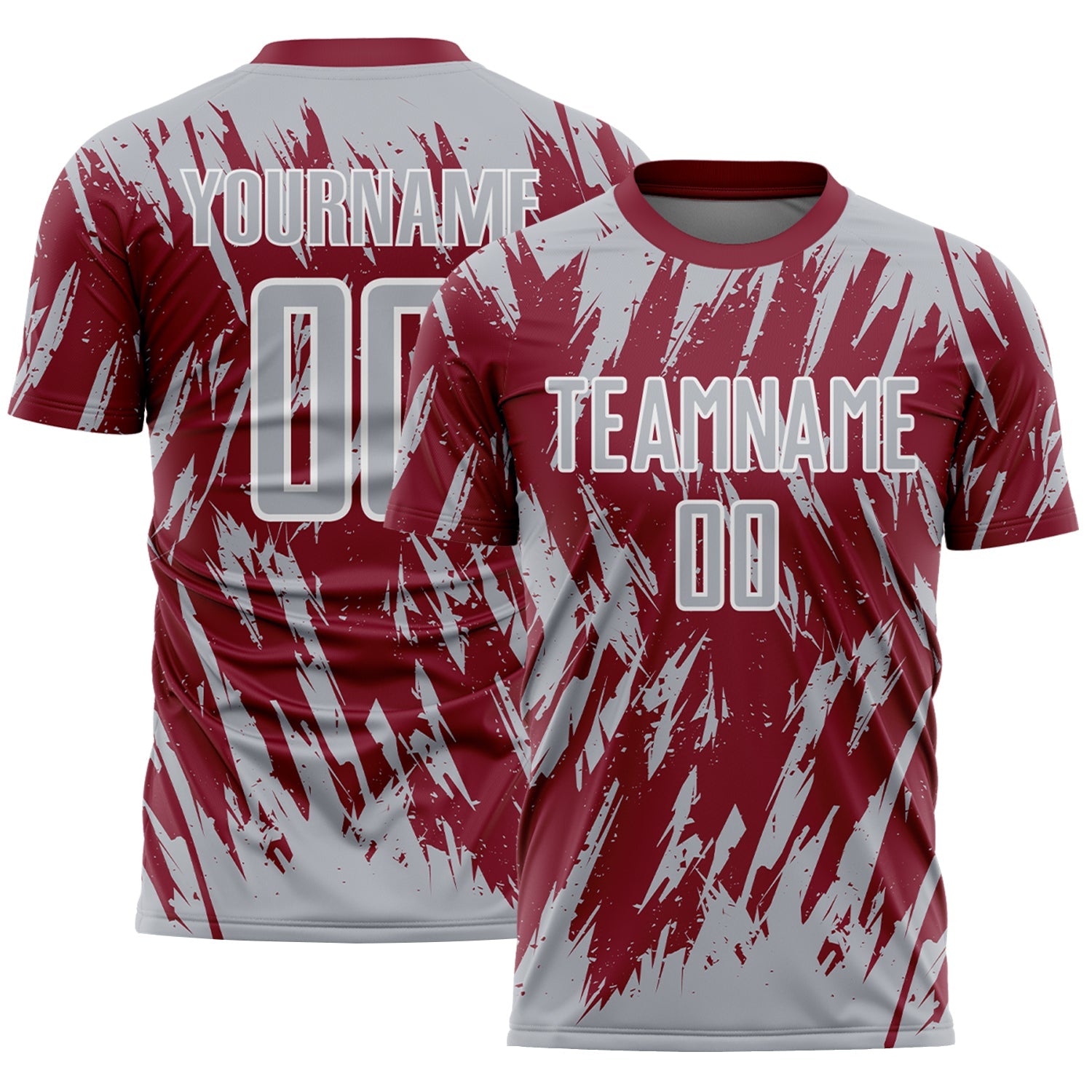 Custom Crimson Gray-White Splatter Torn Sharp Brush Stroke Sublimation Soccer Uniform Jersey - Main View