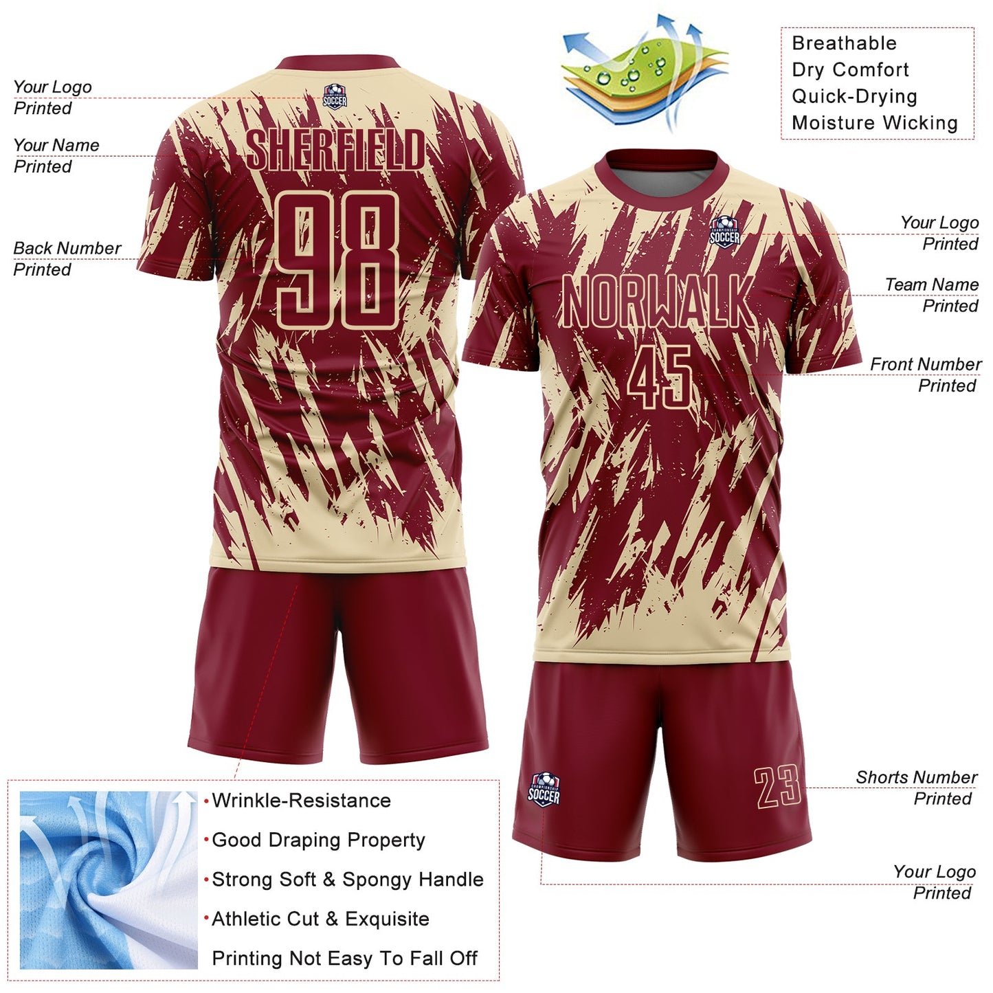 Custom Crimson-Cream Splatter Torn Sharp Brush Stroke Sublimation Soccer Uniform Jersey view 4