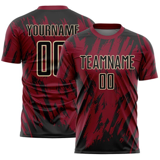 Custom Crimson Black-Cream Splatter Torn Sharp Brush Stroke Sublimation Soccer Uniform Jersey - Main View