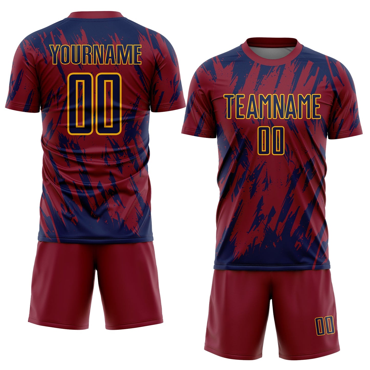 Custom Crimson Navy-Gold Splatter Torn Sharp Brush Stroke Sublimation Soccer Uniform Jersey view 2