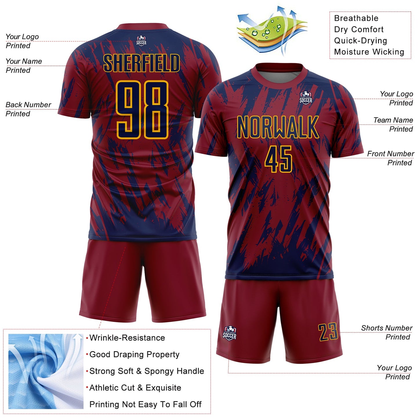 Custom Crimson Navy-Gold Splatter Torn Sharp Brush Stroke Sublimation Soccer Uniform Jersey view 4