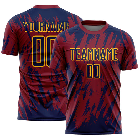 Custom Crimson Navy-Gold Splatter Torn Sharp Brush Stroke Sublimation Soccer Uniform Jersey - Main View