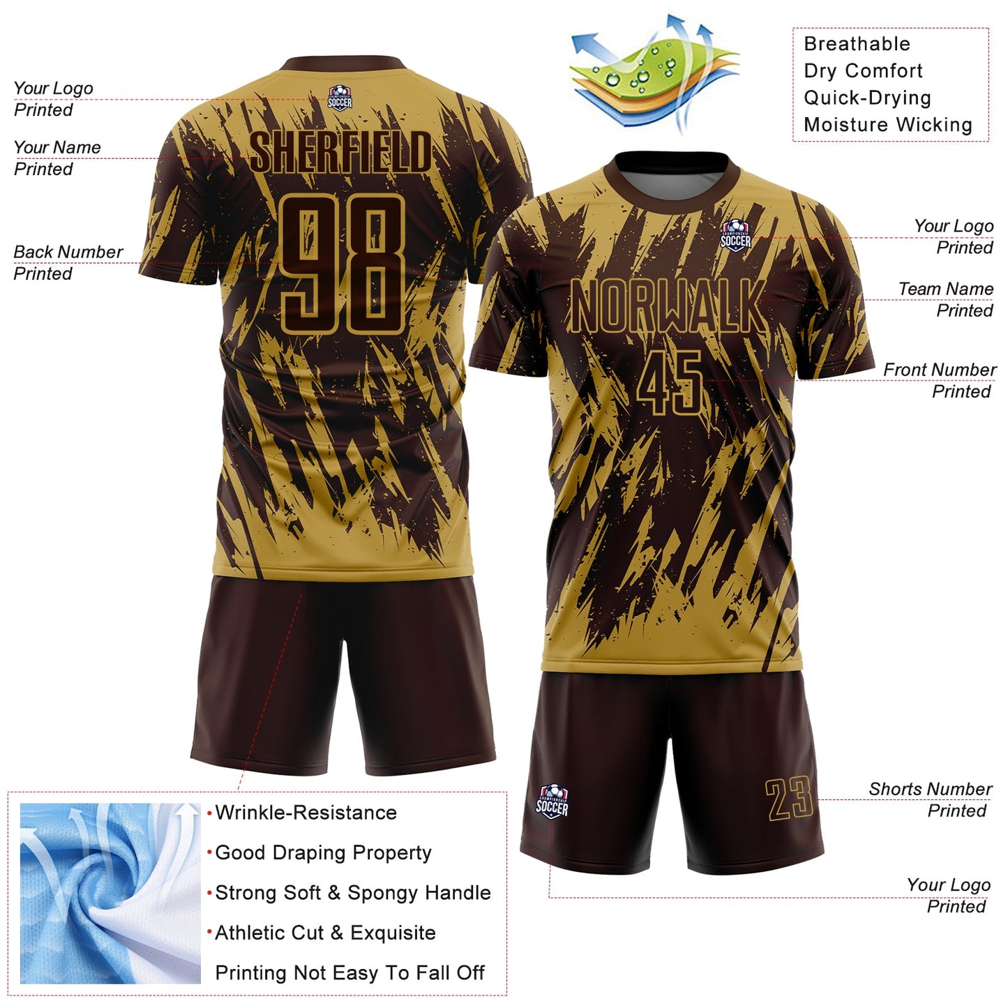Custom Brown-Old Gold Splatter Torn Sharp Brush Stroke Sublimation Soccer Uniform Jersey view 4