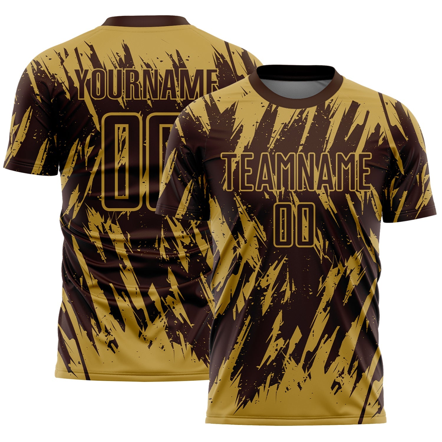 Custom Brown-Old Gold Splatter Torn Sharp Brush Stroke Sublimation Soccer Uniform Jersey - Main View