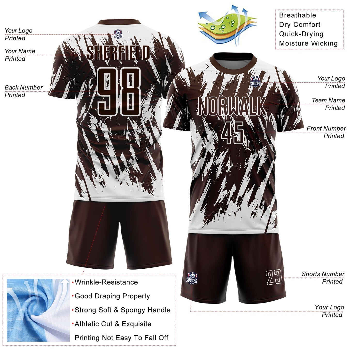 Custom Brown-White Splatter Torn Sharp Brush Stroke Sublimation Soccer Uniform Jersey view 4