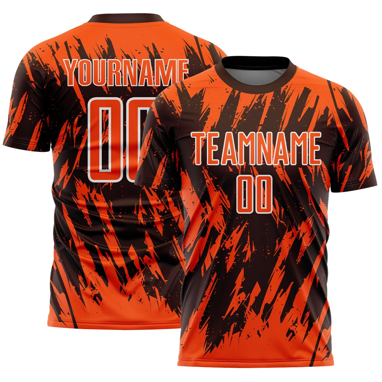Custom Brown Orange-White Splatter Torn Sharp Brush Stroke Sublimation Soccer Uniform Jersey - Main View