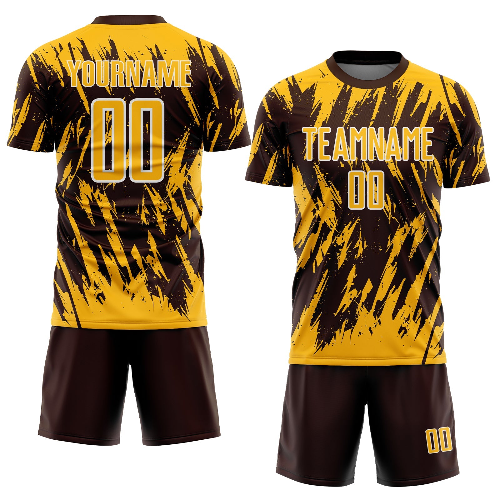 Custom Brown Gold-White Splatter Torn Sharp Brush Stroke Sublimation Soccer Uniform Jersey view 2