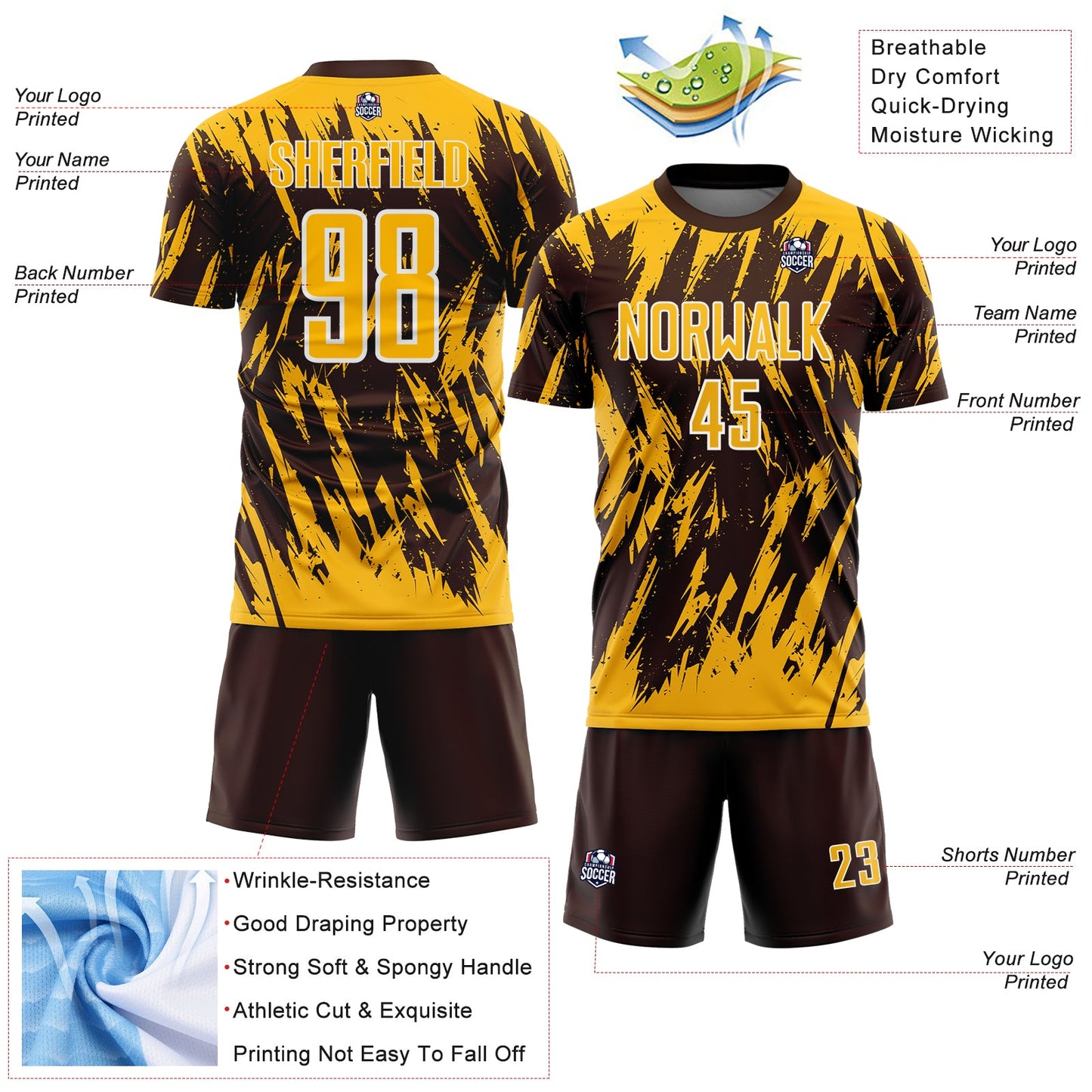 Custom Brown Gold-White Splatter Torn Sharp Brush Stroke Sublimation Soccer Uniform Jersey view 4
