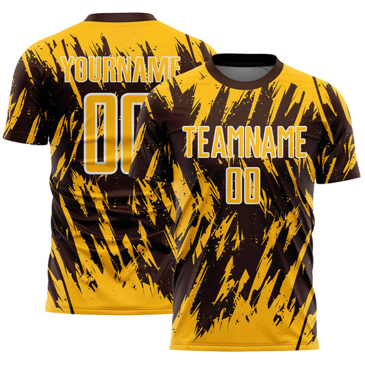 Custom Brown Gold-White Splatter Torn Sharp Brush Stroke Sublimation Soccer Uniform Jersey - Main View