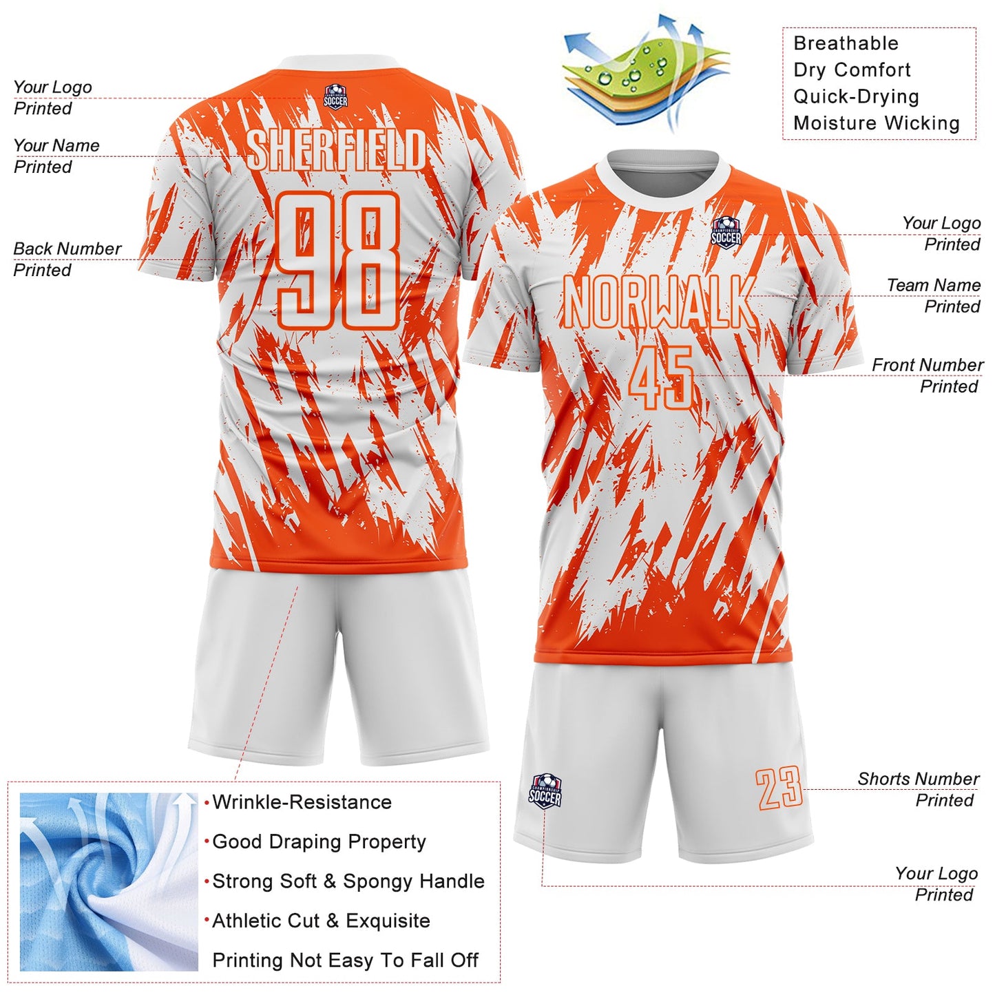 Custom White-Orange Splatter Torn Sharp Brush Stroke Sublimation Soccer Uniform Jersey view 4
