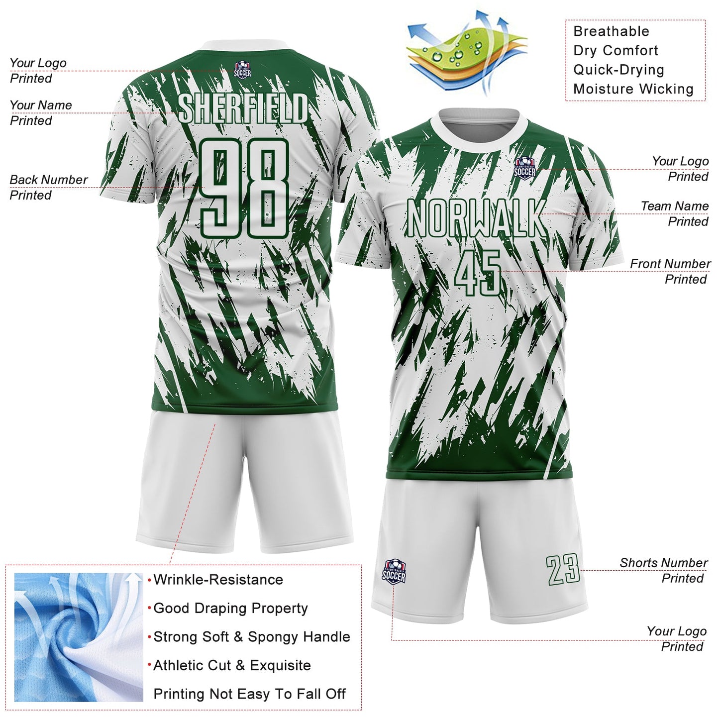 Custom White-Green Splatter Torn Sharp Brush Stroke Sublimation Soccer Uniform Jersey view 4