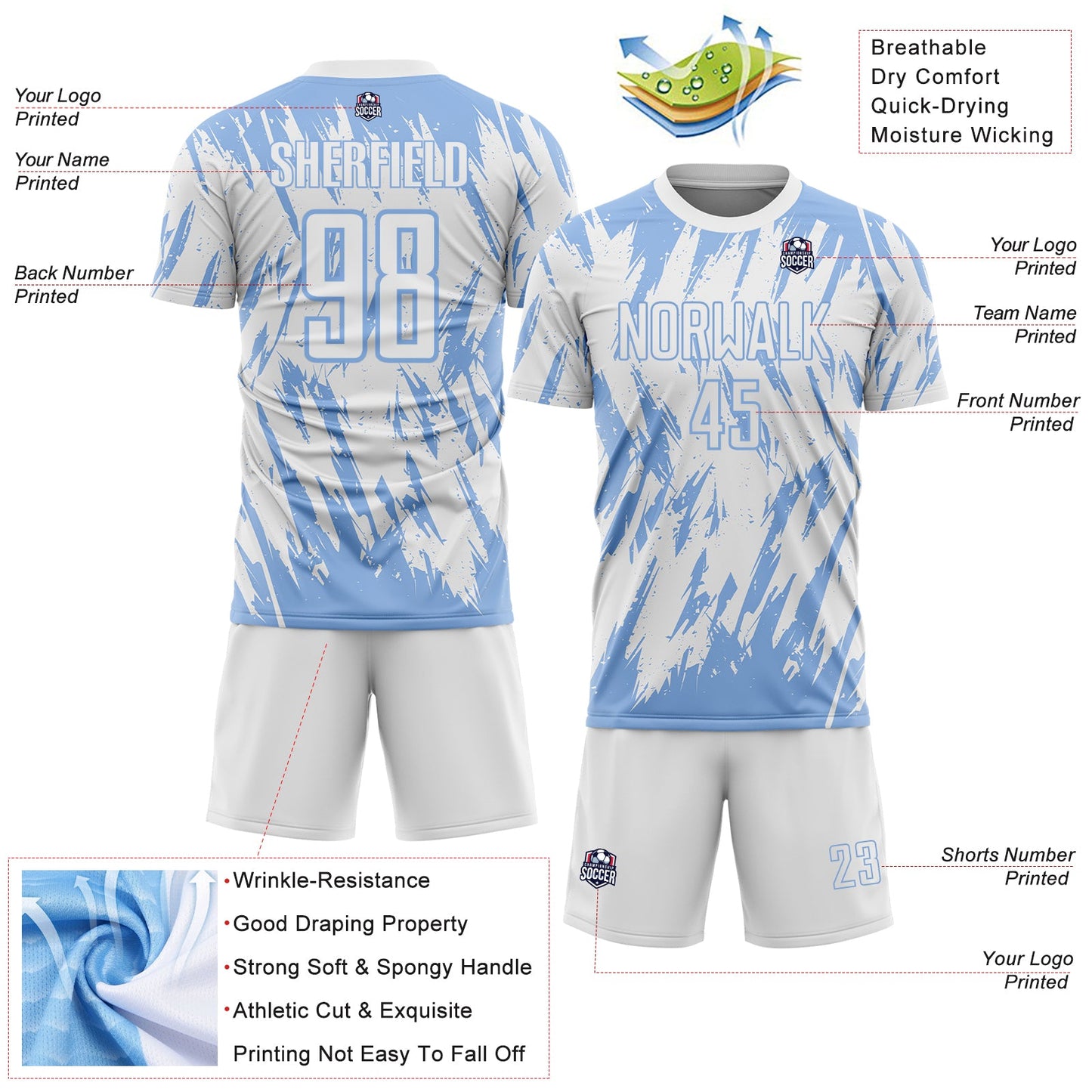 Custom White-Light Blue Splatter Torn Sharp Brush Stroke Sublimation Soccer Uniform Jersey view 4