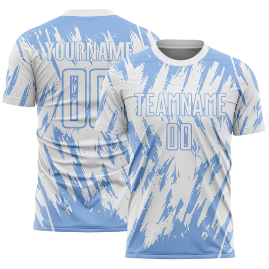 Custom White-Light Blue Splatter Torn Sharp Brush Stroke Sublimation Soccer Uniform Jersey - Main View