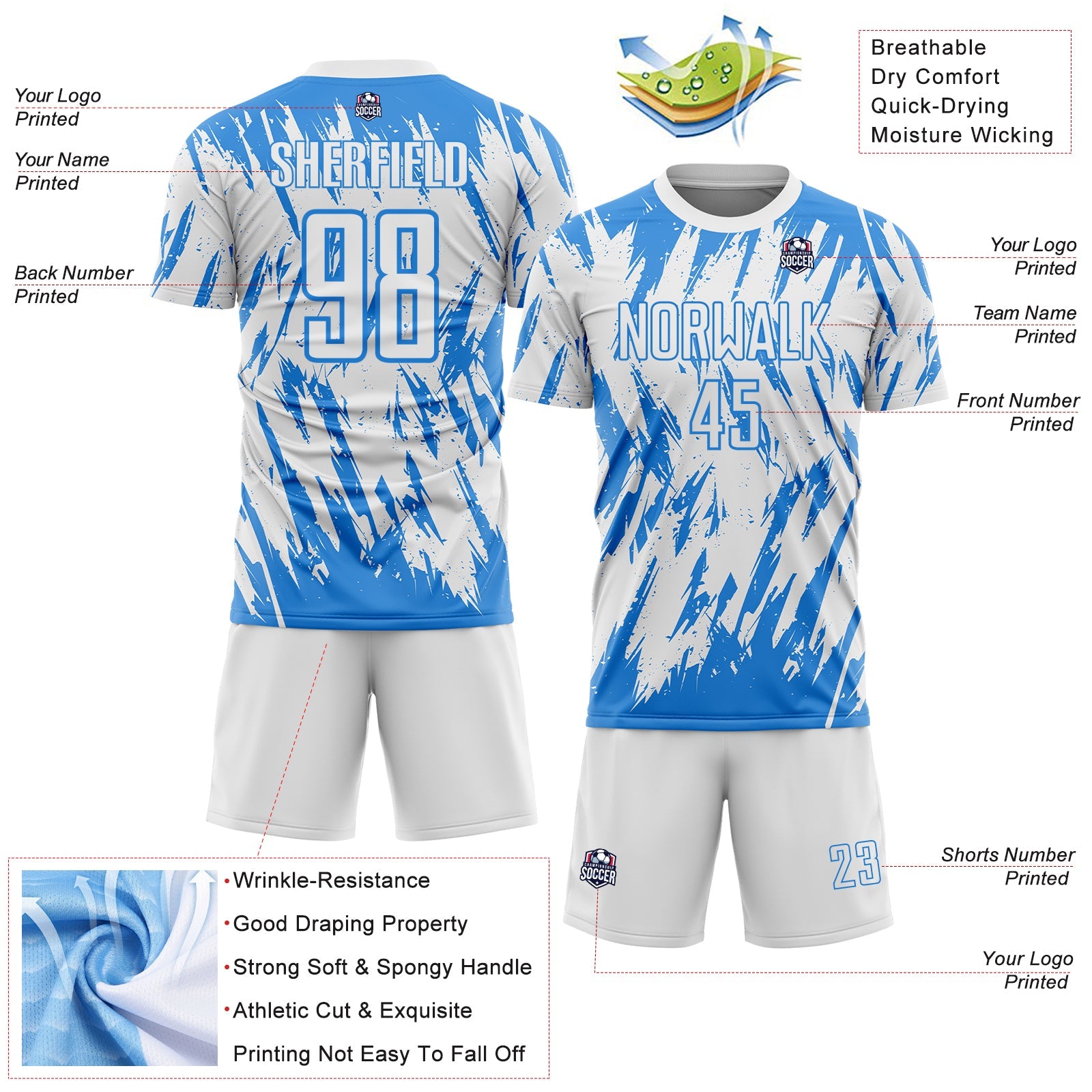 Custom White-Powder Blue Splatter Torn Sharp Brush Stroke Sublimation Soccer Uniform Jersey view 4