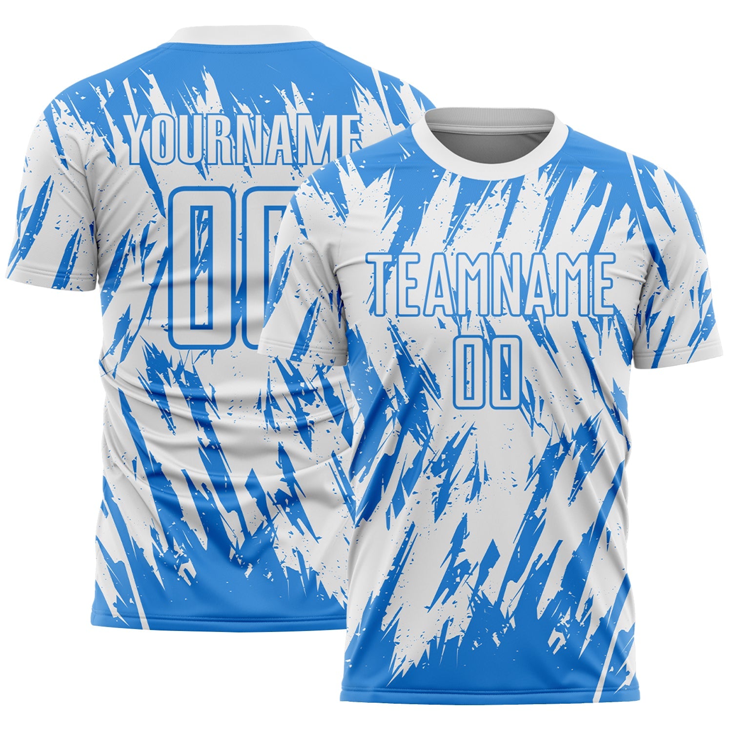 Custom White-Powder Blue Splatter Torn Sharp Brush Stroke Sublimation Soccer Uniform Jersey - Main View