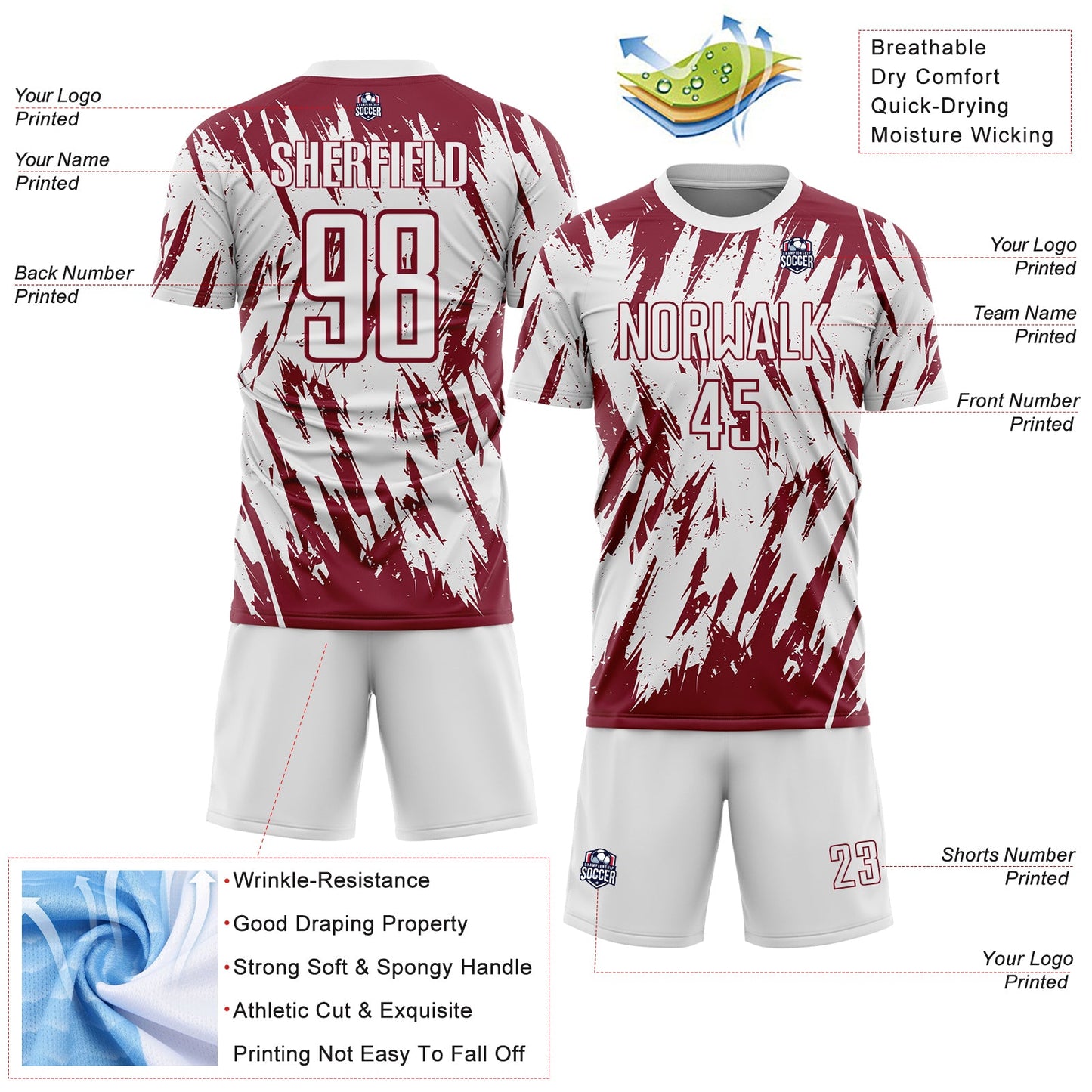 Custom White-Crimson Splatter Torn Sharp Brush Stroke Sublimation Soccer Uniform Jersey view 4