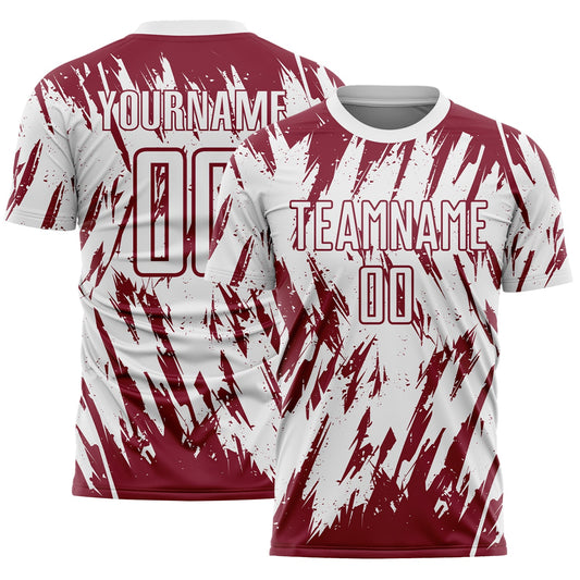 Custom White-Crimson Splatter Torn Sharp Brush Stroke Sublimation Soccer Uniform Jersey - Main View