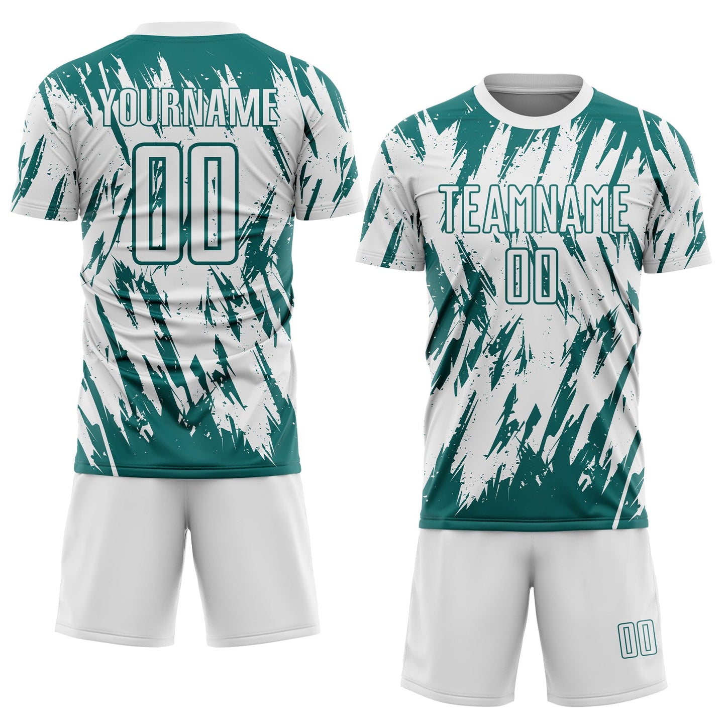 Custom White-Teal Splatter Torn Sharp Brush Stroke Sublimation Soccer Uniform Jersey view 2