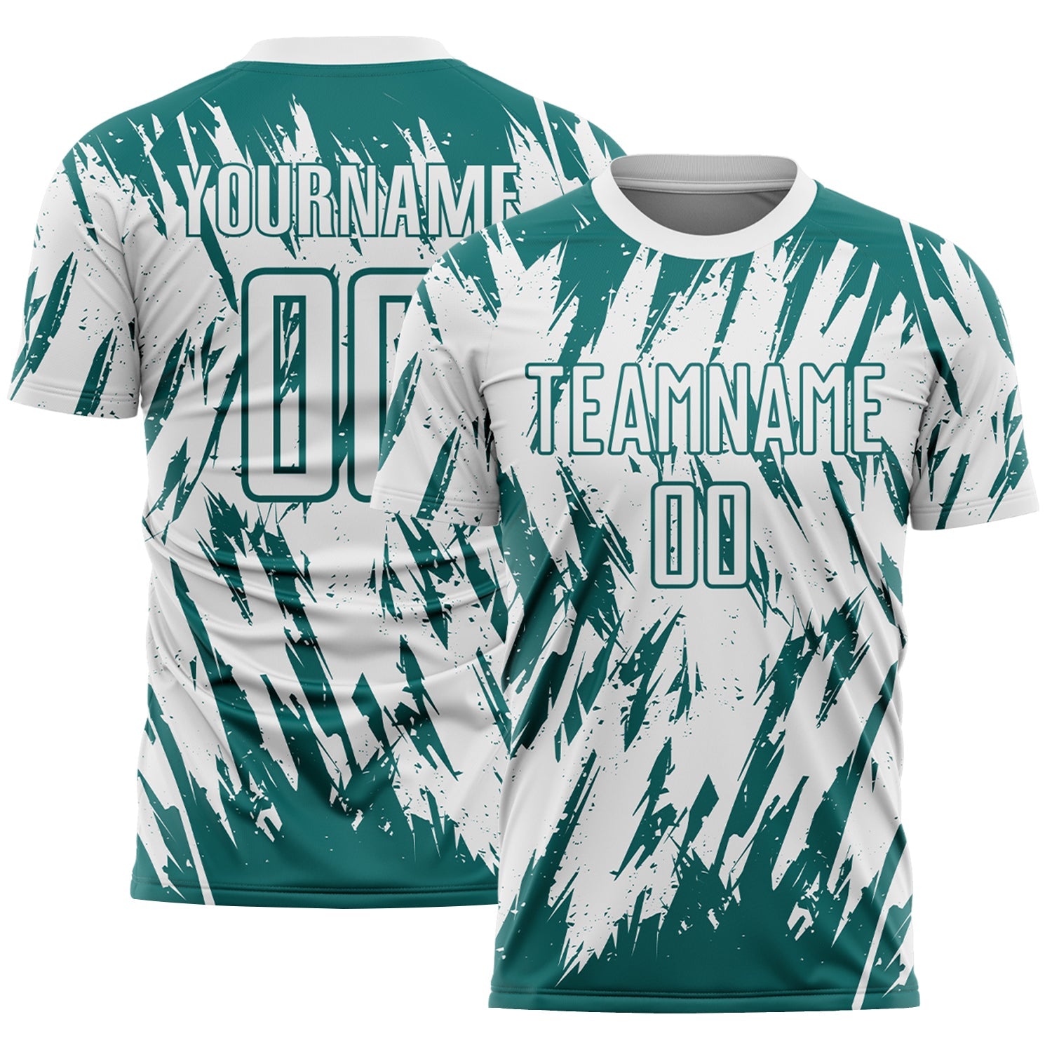 Custom White-Teal Splatter Torn Sharp Brush Stroke Sublimation Soccer Uniform Jersey - Main View