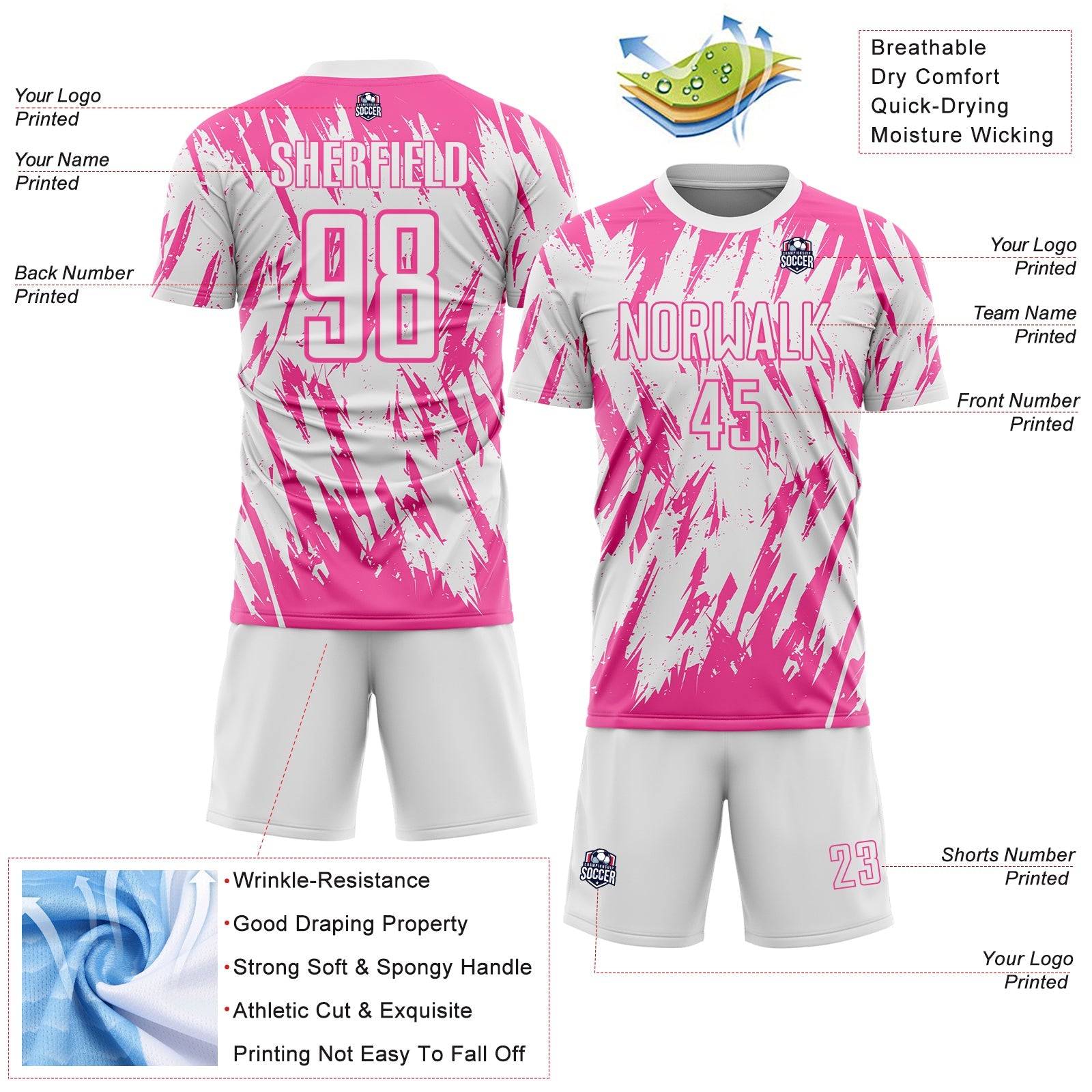 Custom White-Pink Splatter Torn Sharp Brush Stroke Sublimation Soccer Uniform Jersey view 4