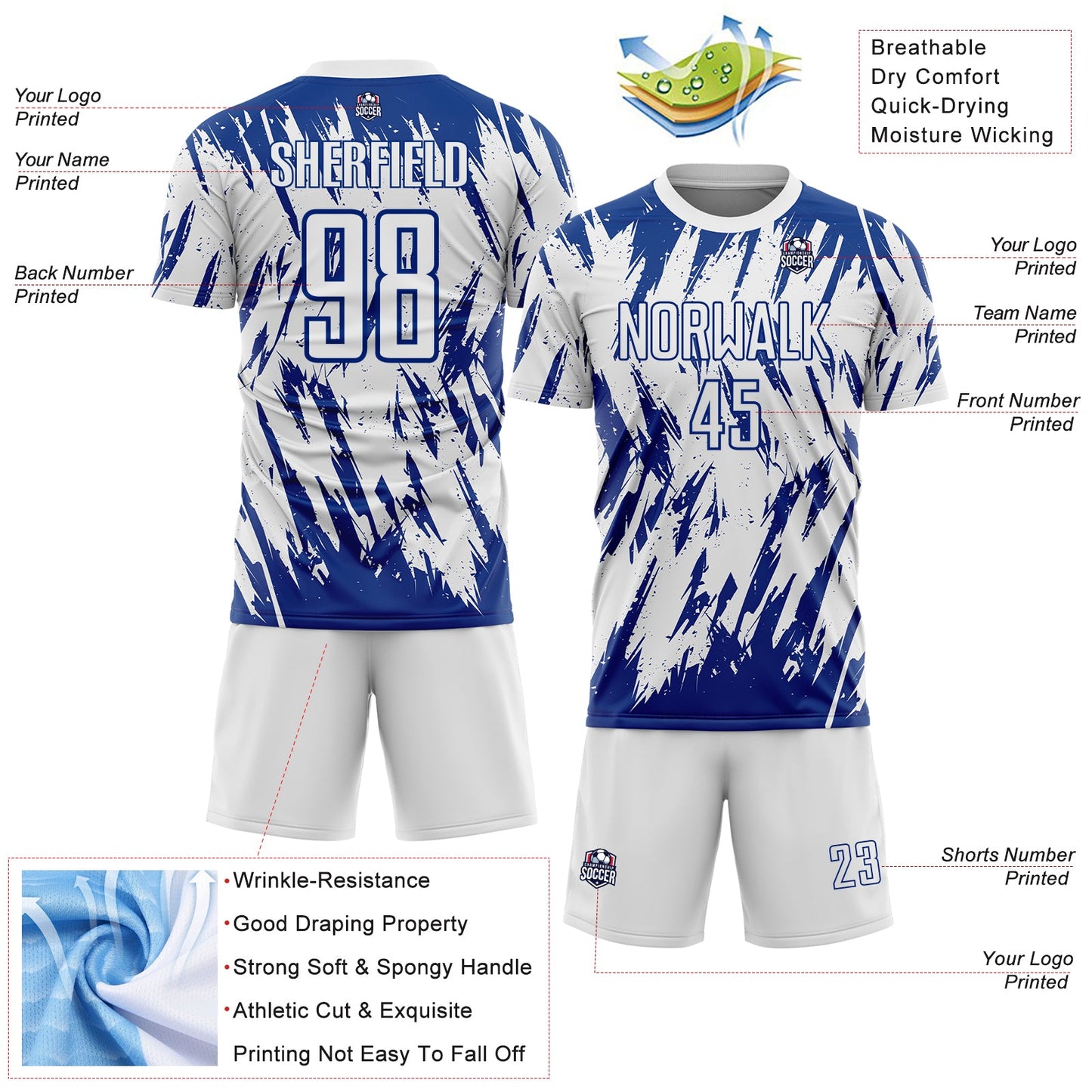 Custom White-Royal Splatter Torn Sharp Brush Stroke Sublimation Soccer Uniform Jersey view 4