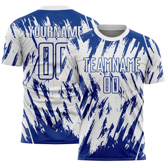 Custom White-Royal Splatter Torn Sharp Brush Stroke Sublimation Soccer Uniform Jersey - Main View