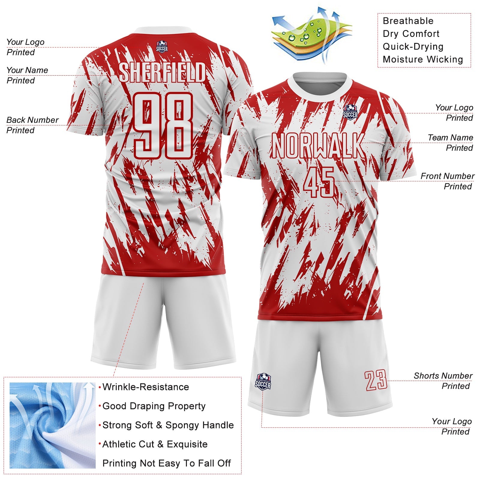 Custom White-Red Splatter Torn Sharp Brush Stroke Sublimation Soccer Uniform Jersey view 4