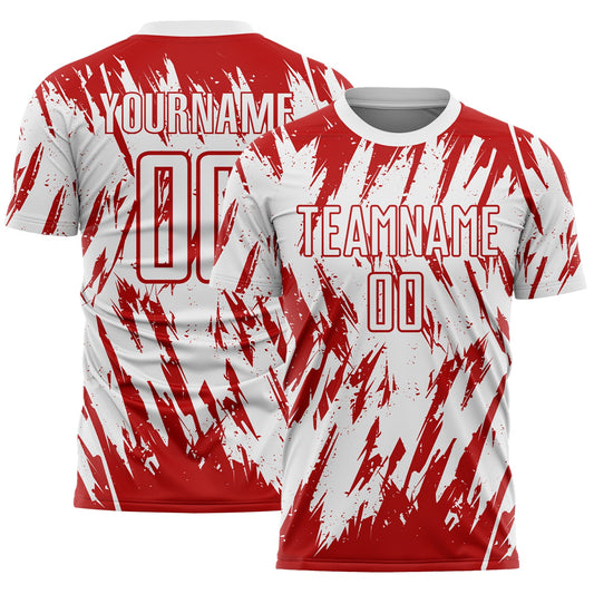 Custom White-Red Splatter Torn Sharp Brush Stroke Sublimation Soccer Uniform Jersey - Main View