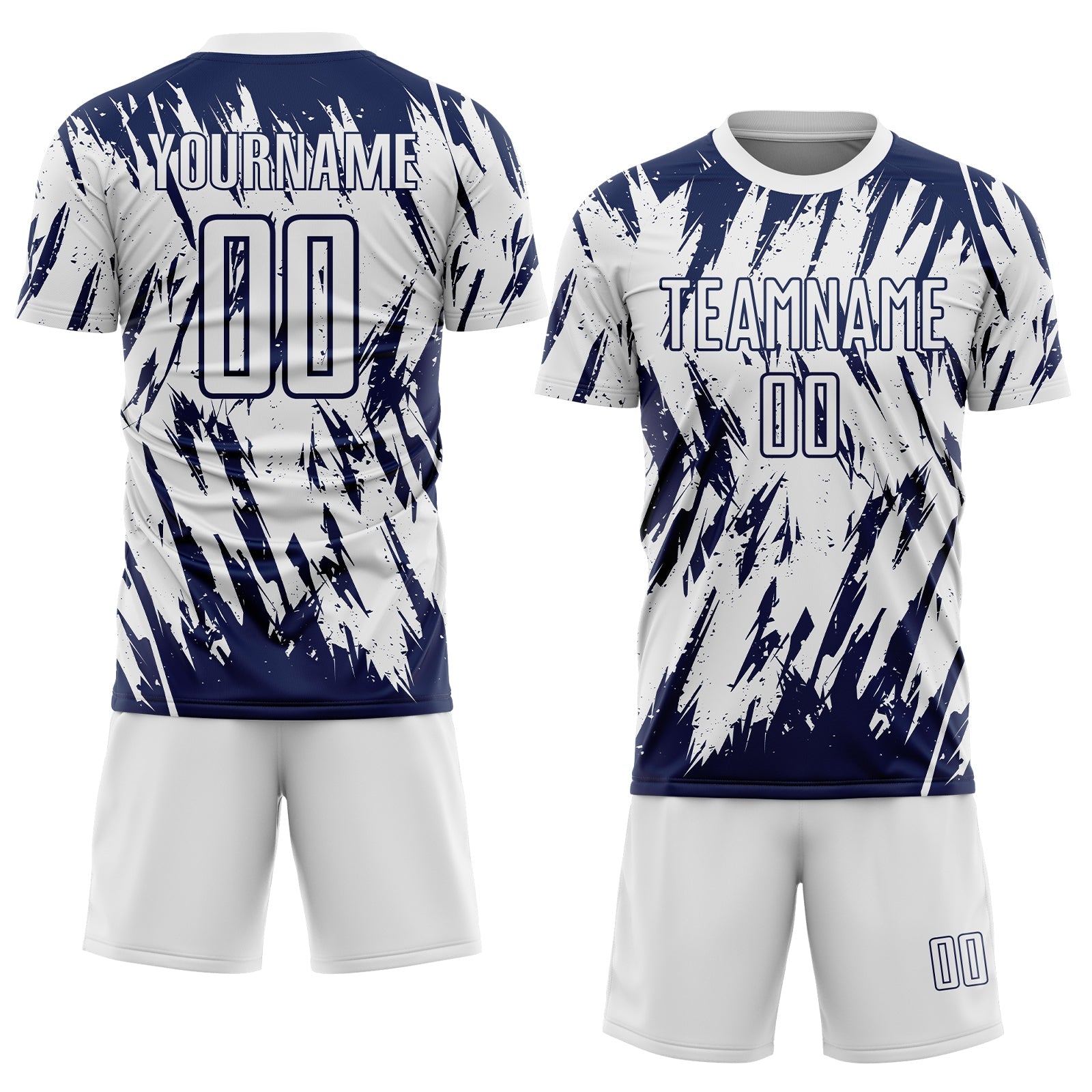Custom White-Navy Splatter Torn Sharp Brush Stroke Sublimation Soccer Uniform Jersey view 2