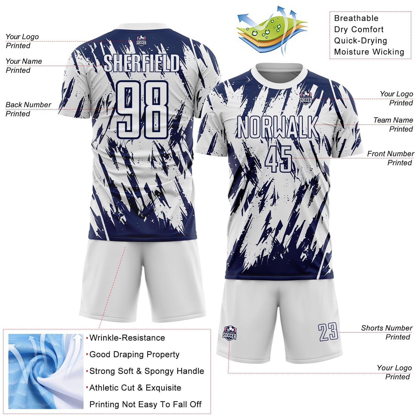 Custom White-Navy Splatter Torn Sharp Brush Stroke Sublimation Soccer Uniform Jersey view 4
