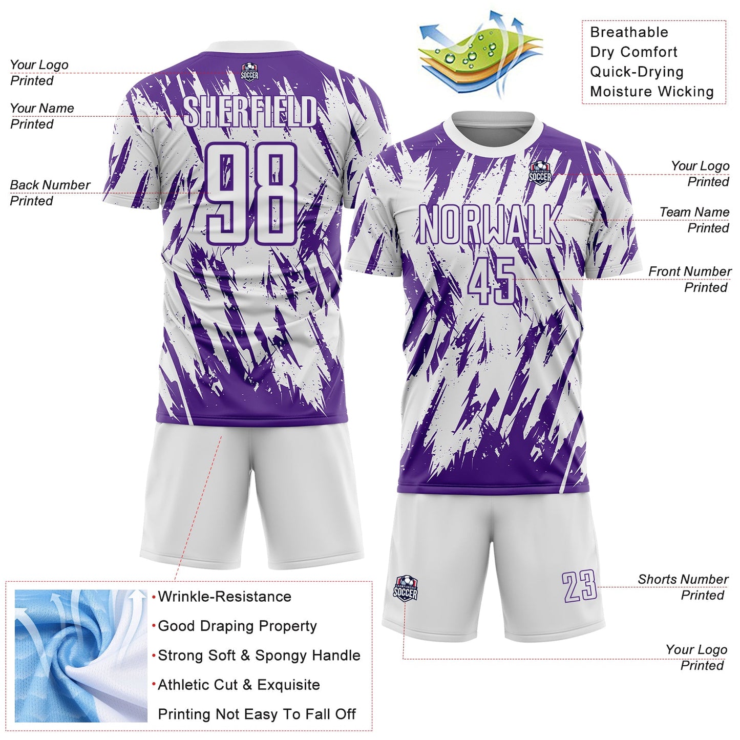 Custom White-Purple Splatter Torn Sharp Brush Stroke Sublimation Soccer Uniform Jersey view 4