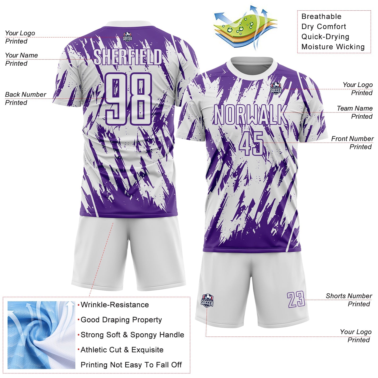 Custom White-Purple Splatter Torn Sharp Brush Stroke Sublimation Soccer Uniform Jersey view 4