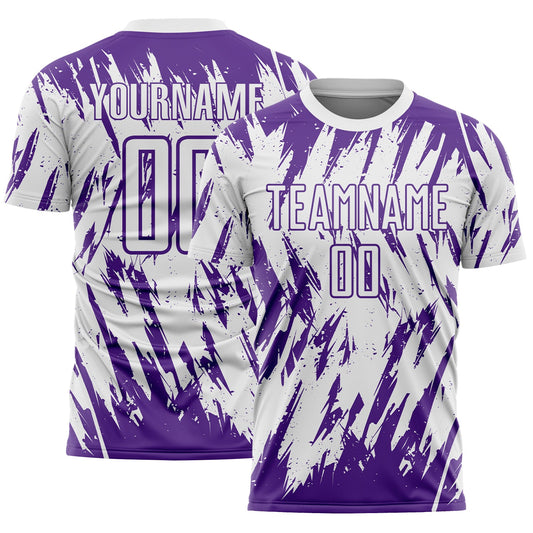 Custom White-Purple Splatter Torn Sharp Brush Stroke Sublimation Soccer Uniform Jersey - Main View