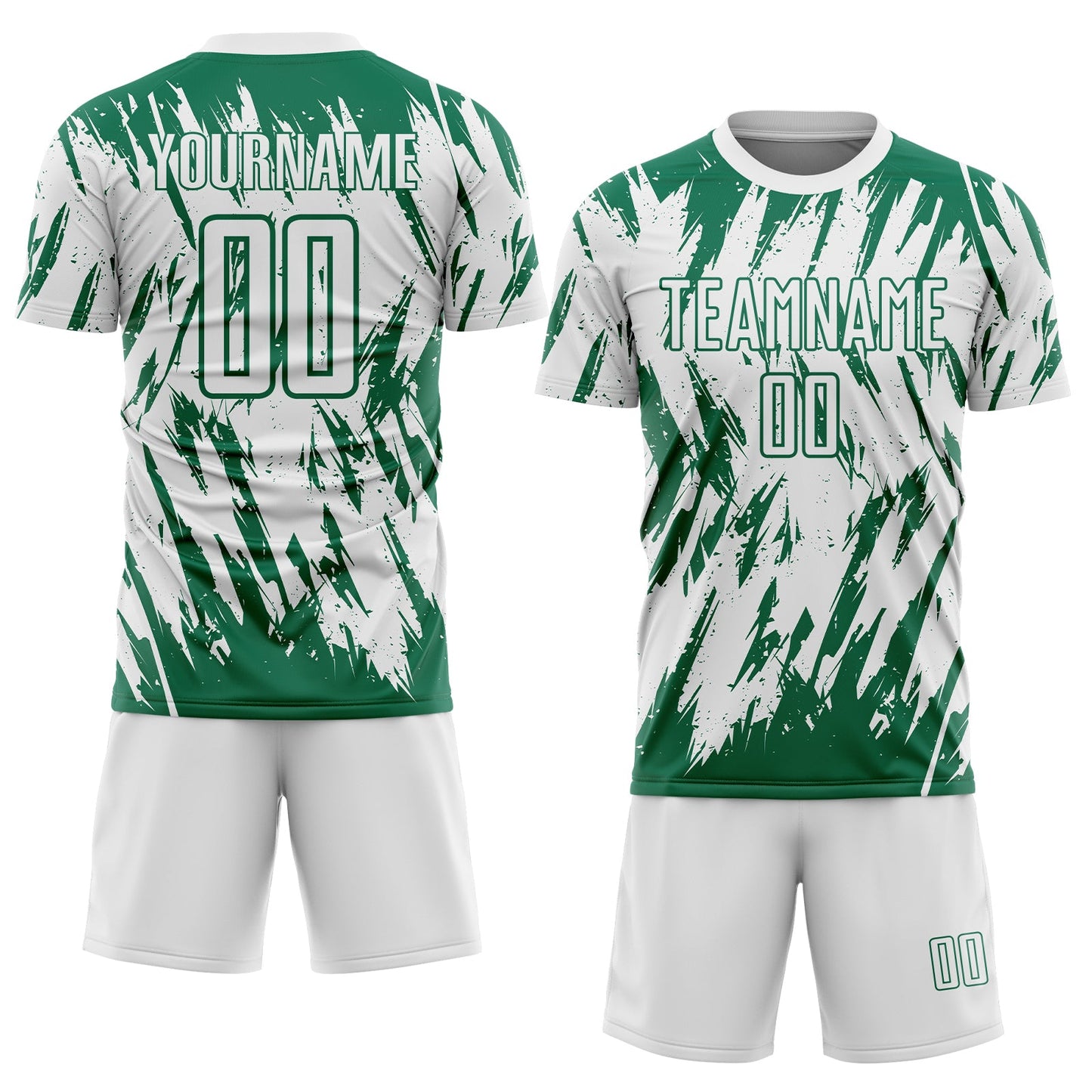 Custom White-Kelly Green Splatter Torn Sharp Brush Stroke Sublimation Soccer Uniform Jersey view 2
