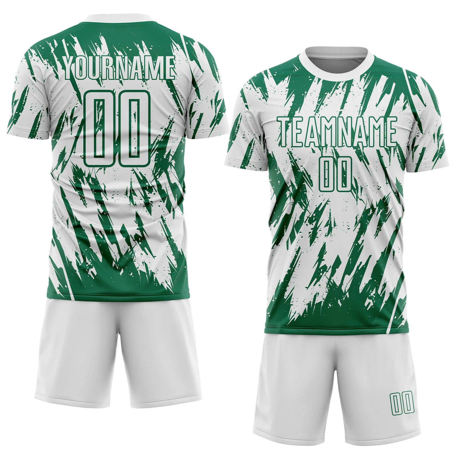 Custom White-Kelly Green Splatter Torn Sharp Brush Stroke Sublimation Soccer Uniform Jersey view 2