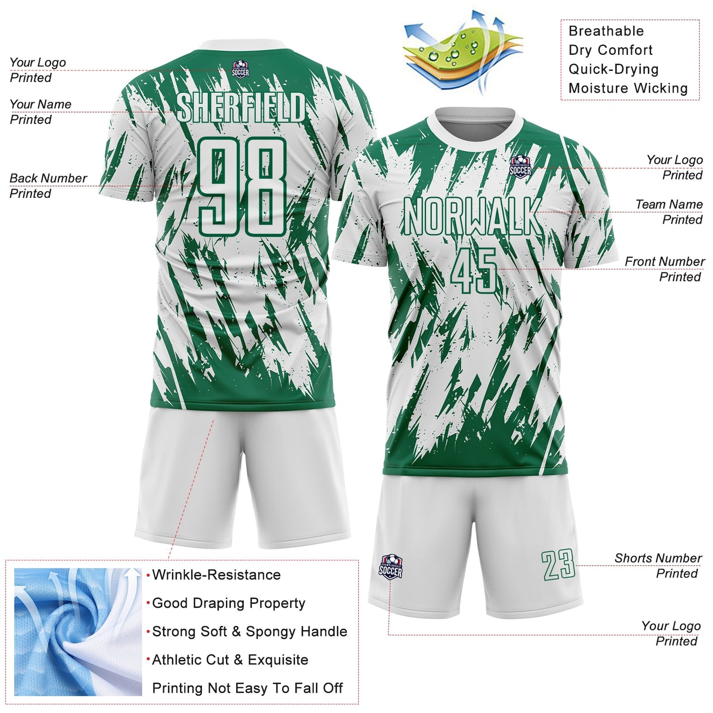 Custom White-Kelly Green Splatter Torn Sharp Brush Stroke Sublimation Soccer Uniform Jersey view 4