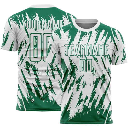 Custom White-Kelly Green Splatter Torn Sharp Brush Stroke Sublimation Soccer Uniform Jersey - Main View