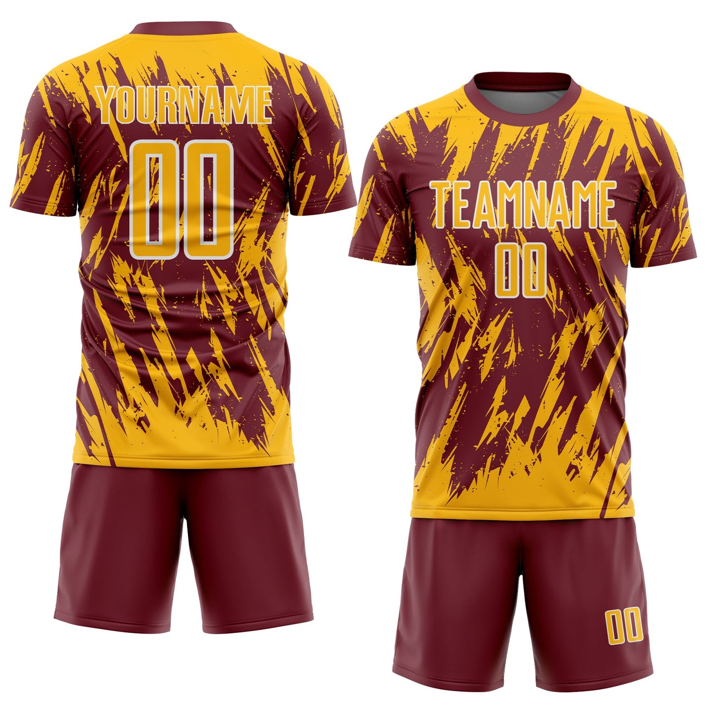 Custom Burgundy Gold-White Splatter Torn Sharp Brush Stroke Sublimation Soccer Uniform Jersey view 2