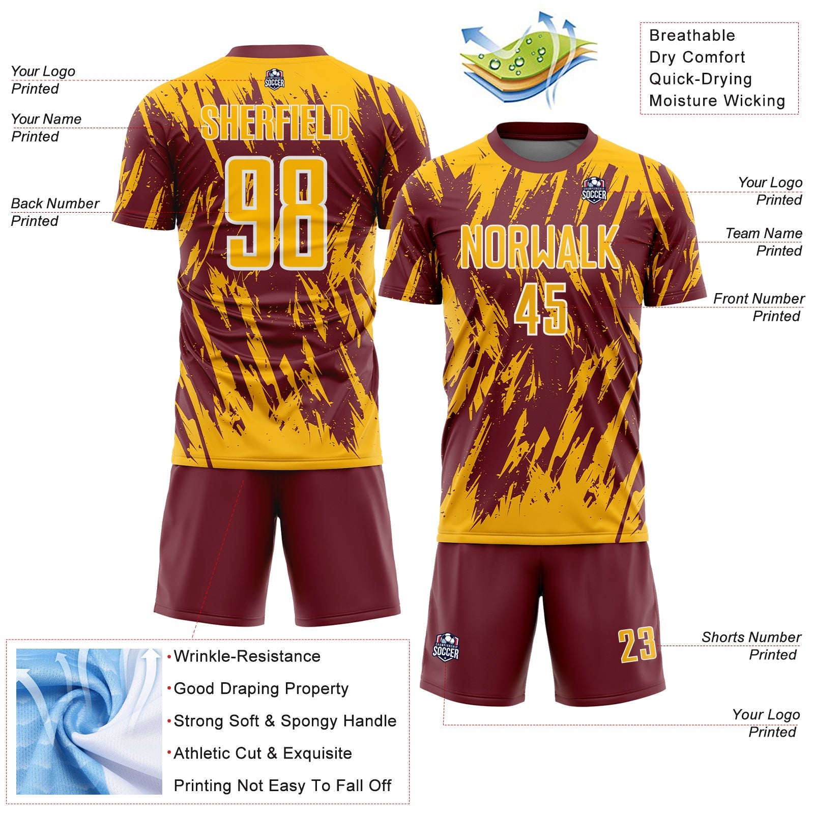 Custom Burgundy Gold-White Splatter Torn Sharp Brush Stroke Sublimation Soccer Uniform Jersey view 4