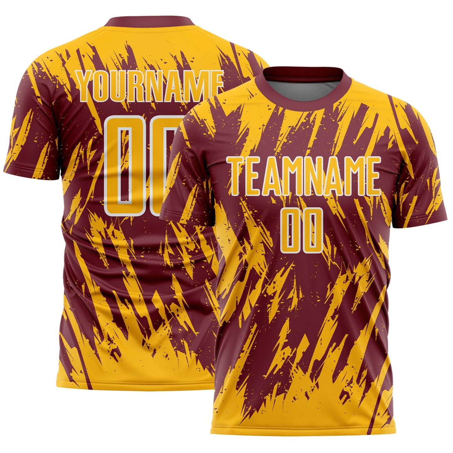 Custom Burgundy Gold-White Splatter Torn Sharp Brush Stroke Sublimation Soccer Uniform Jersey - Main View