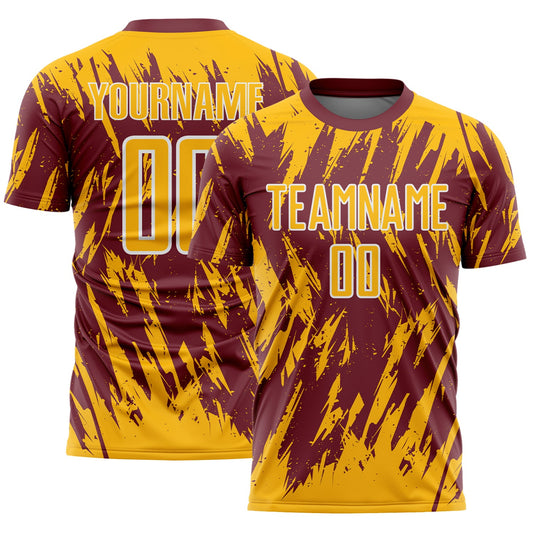 Custom Burgundy Gold-White Splatter Torn Sharp Brush Stroke Sublimation Soccer Uniform Jersey - Main View