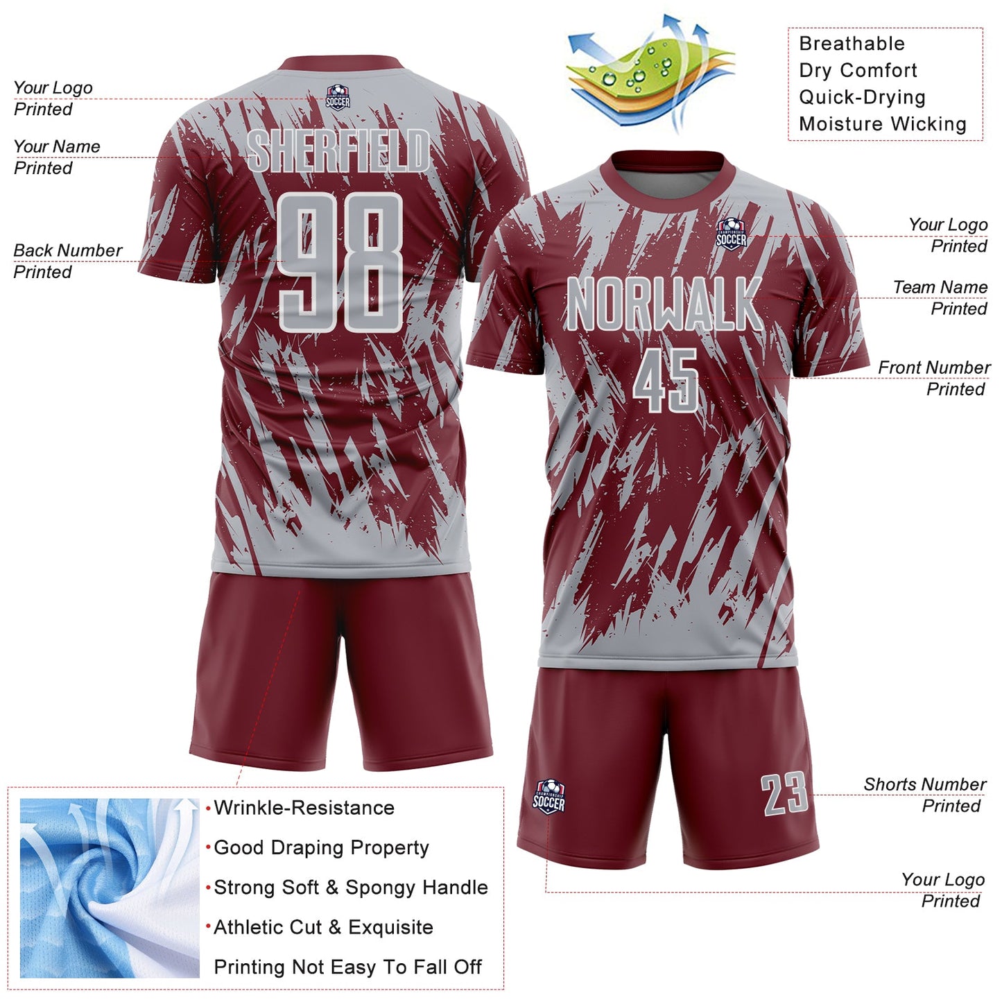 Custom Burgundy Gray-White Splatter Torn Sharp Brush Stroke Sublimation Soccer Uniform Jersey view 4