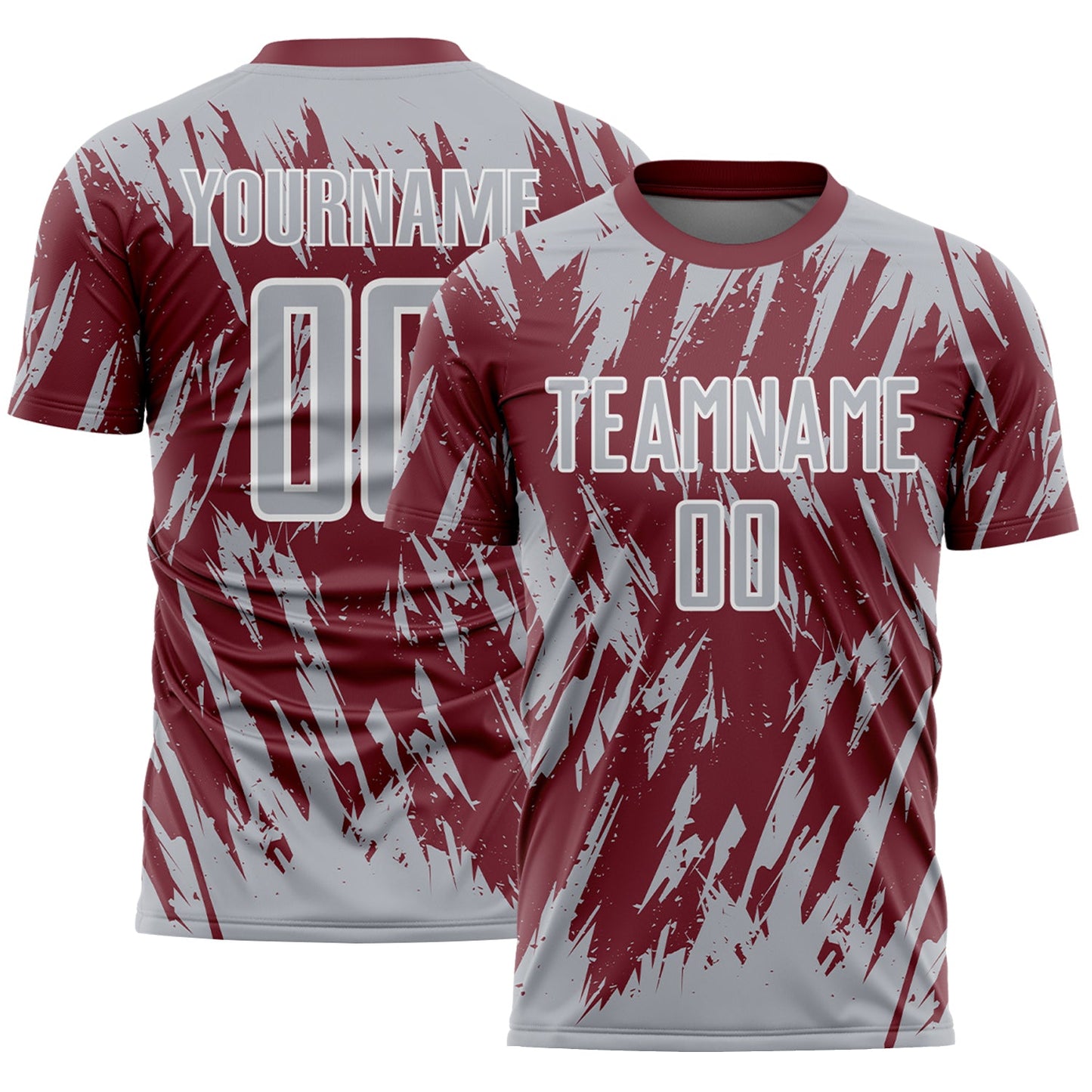 Custom Burgundy Gray-White Splatter Torn Sharp Brush Stroke Sublimation Soccer Uniform Jersey - Main View