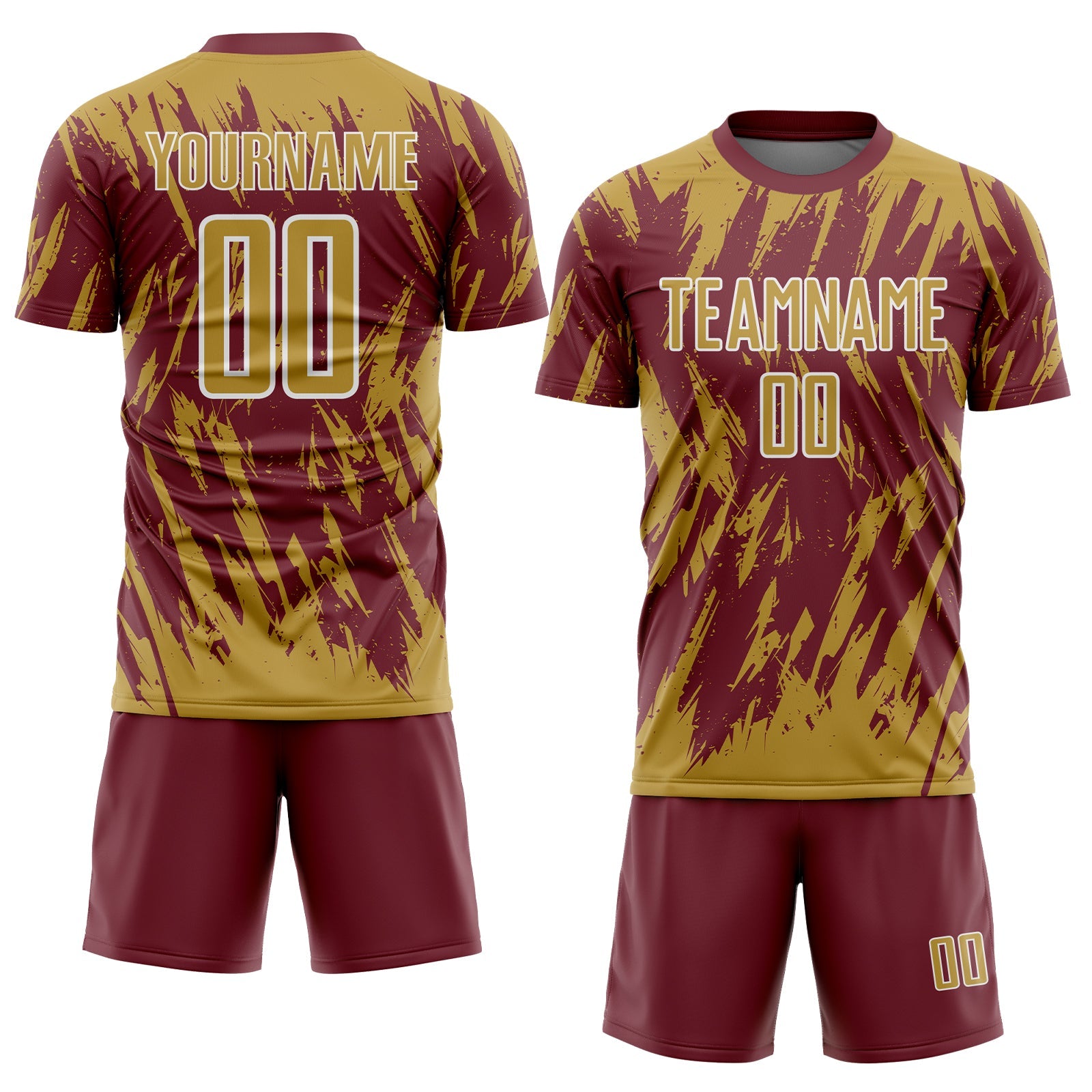 Custom Burgundy Old Gold-White Splatter Torn Sharp Brush Stroke Sublimation Soccer Uniform Jersey view 2