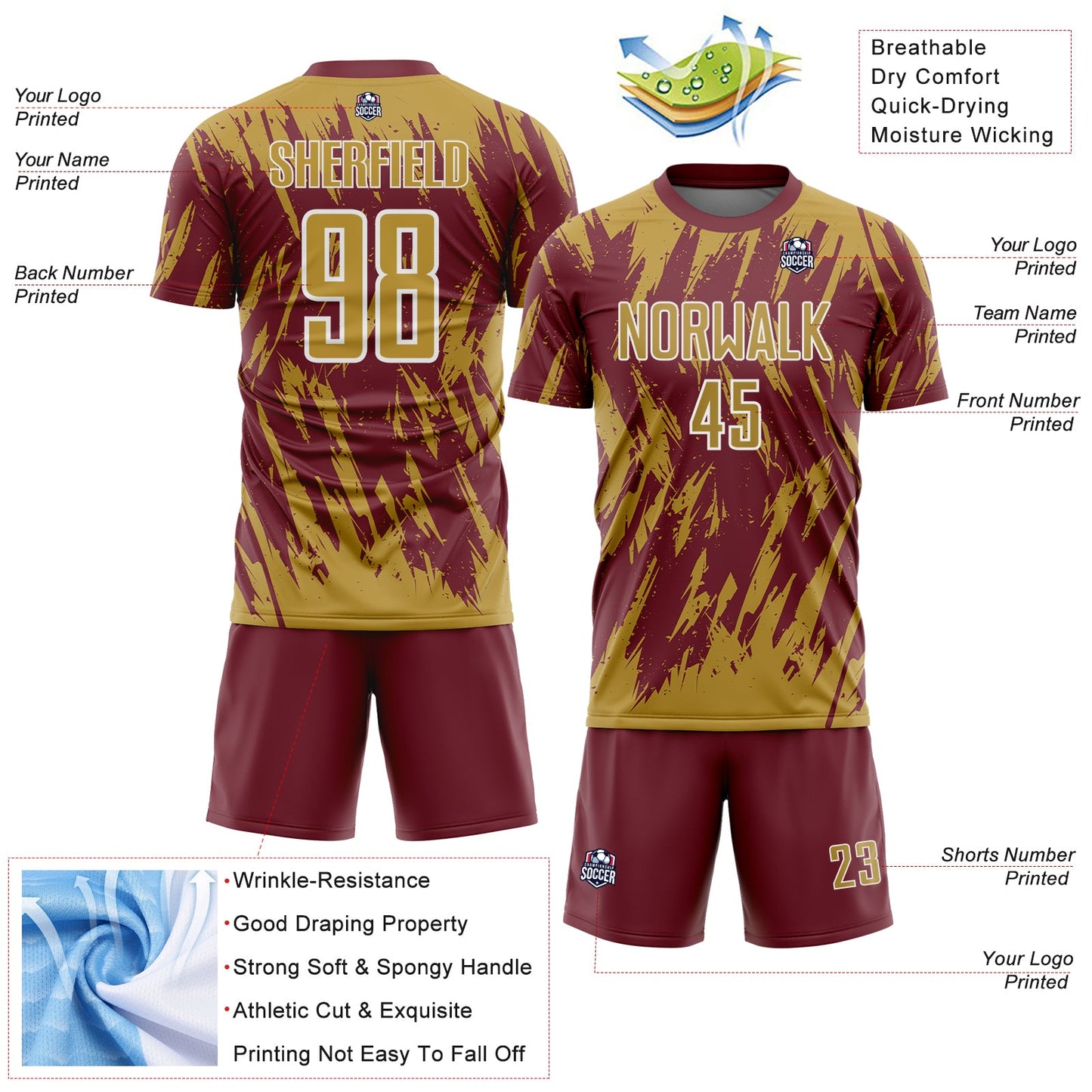 Custom Burgundy Old Gold-White Splatter Torn Sharp Brush Stroke Sublimation Soccer Uniform Jersey view 4