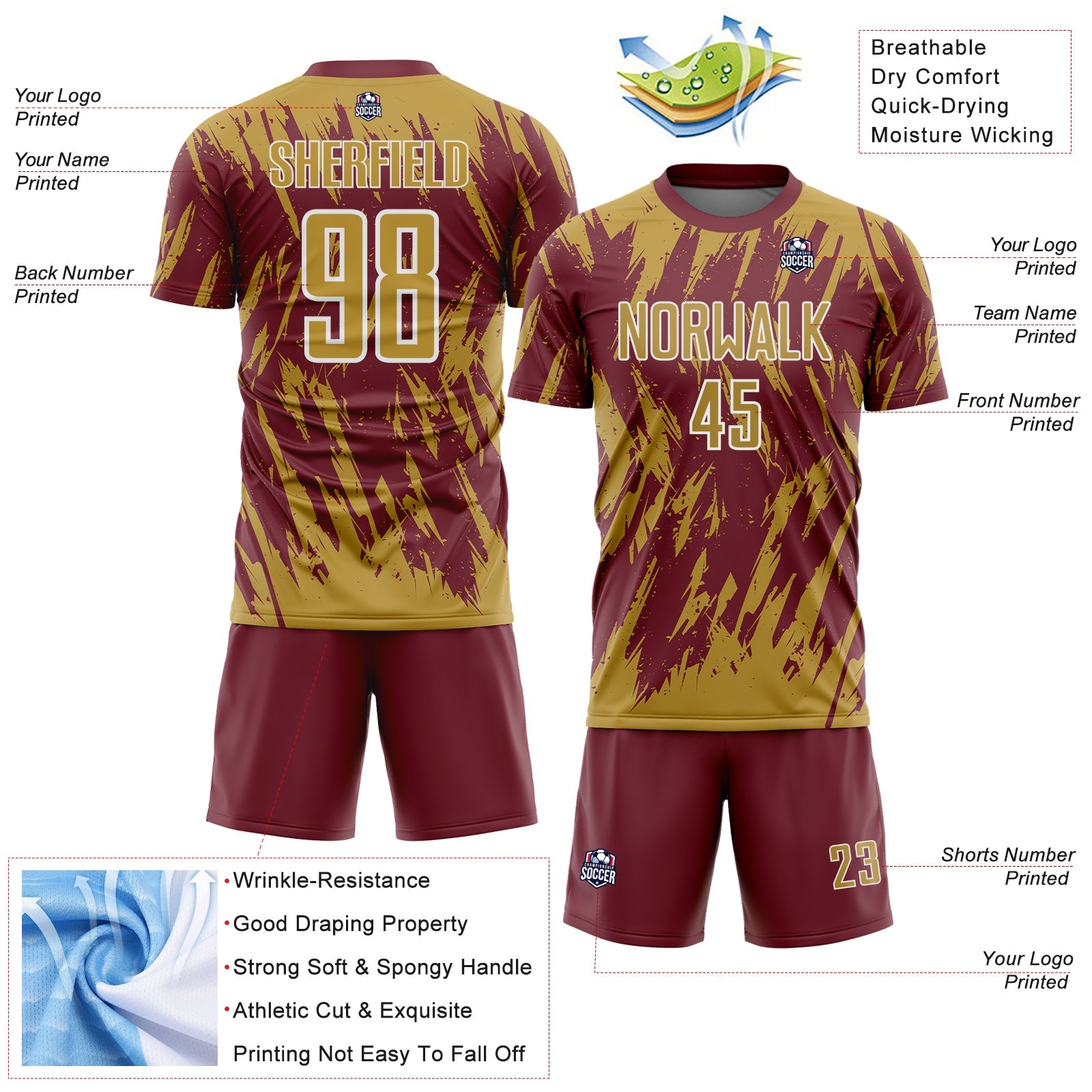 Custom Burgundy Old Gold-White Splatter Torn Sharp Brush Stroke Sublimation Soccer Uniform Jersey view 4