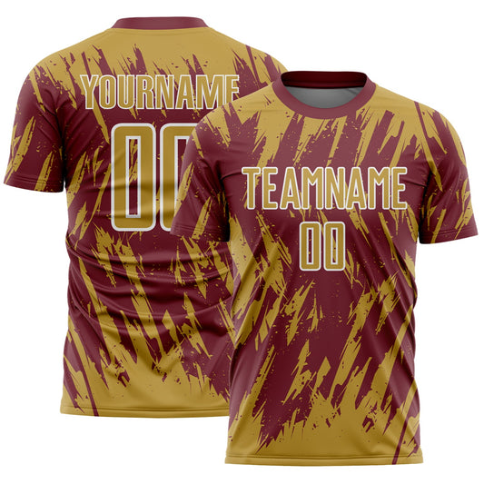 Custom Burgundy Old Gold-White Splatter Torn Sharp Brush Stroke Sublimation Soccer Uniform Jersey - Main View