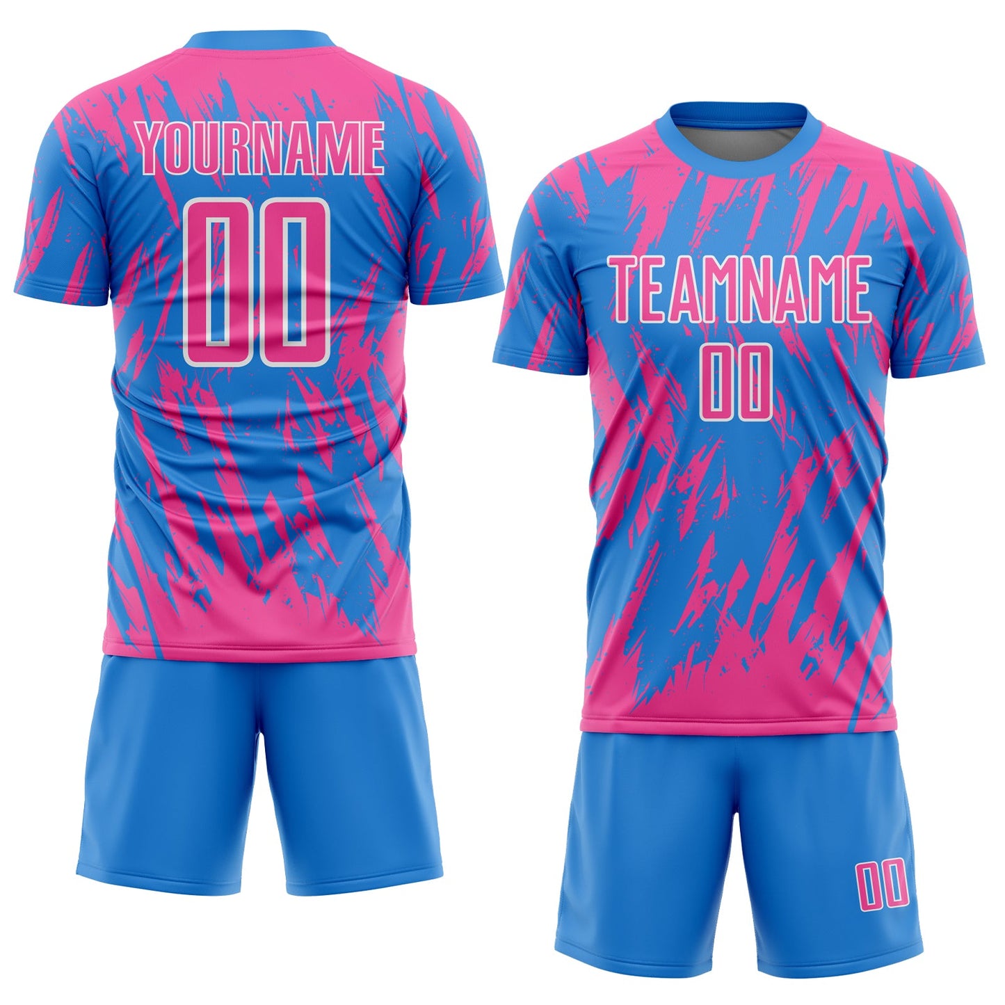 Custom Powder Blue Pink-White Splatter Torn Sharp Brush Stroke Sublimation Soccer Uniform Jersey view 2