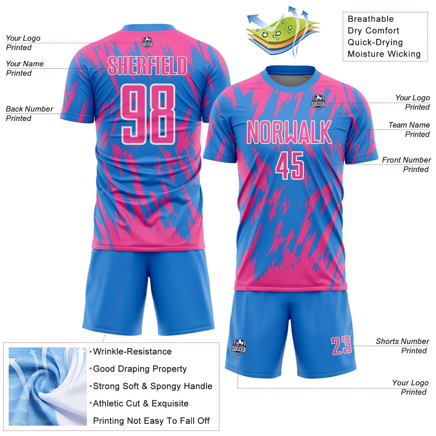 Custom Powder Blue Pink-White Splatter Torn Sharp Brush Stroke Sublimation Soccer Uniform Jersey view 4
