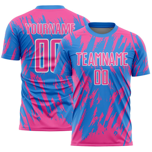 Custom Powder Blue Pink-White Splatter Torn Sharp Brush Stroke Sublimation Soccer Uniform Jersey - Main View